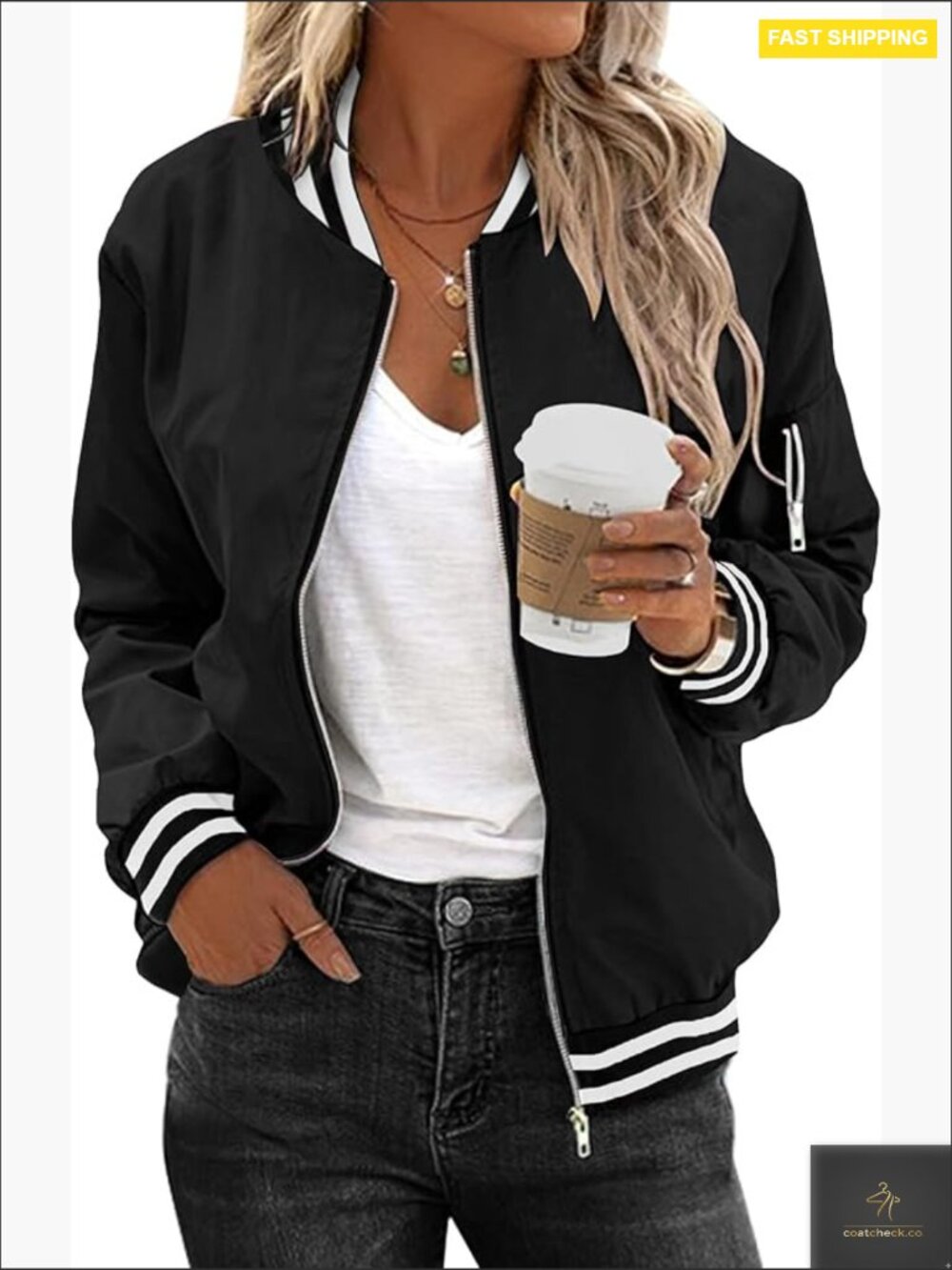Classic Bomber Jacket Zip Up Lightweight Casual Coat with Pockets Oversized